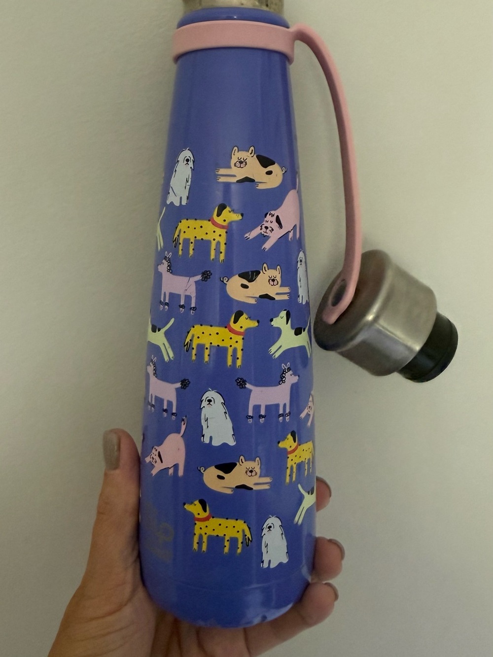 S'well Blue Bottle with Pink Handle and Playful Dog Print